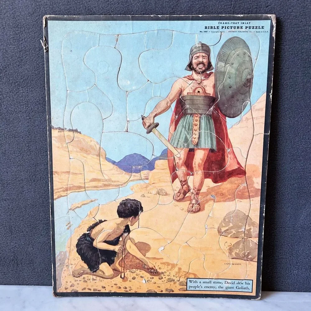 Vintage 1950 Bible Picture Puzzle David & Goliath Frame Tray Puzzle - Whitman